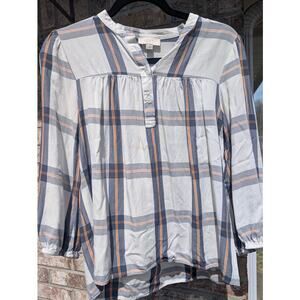Ann Taylor Loft Top Womens Small Cream Navy Blue Plaid Henley Blouse 3/4 sleeves